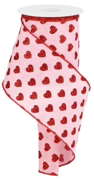 4 Inch By 10 Yard Pink And Red Glitter Heart Ribbon