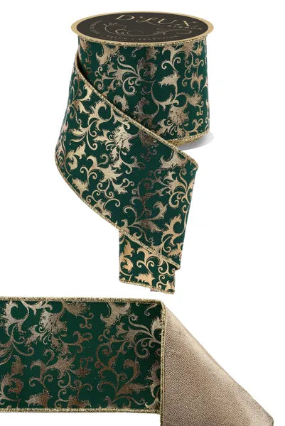 4 Inch By 10 Yard Hunter Green And Gold Metallic Foil Swirl Leaf Fused Ribbon