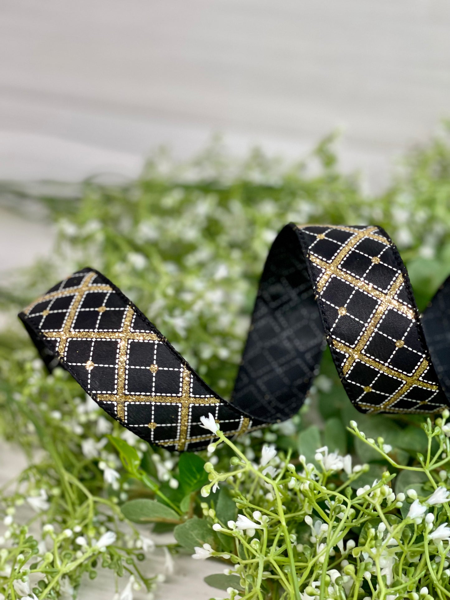 1.5 Inch By 10 Yard Black And Gold Glitter Diagonal Plaid Ribbon