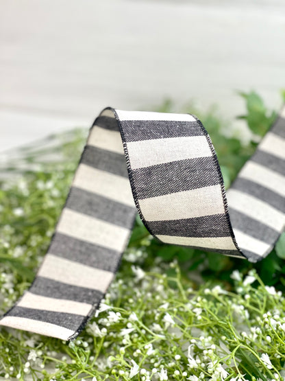 2.5 Inch By 50 Yard Black And Cream Woven Thick Stripe Ribbon
