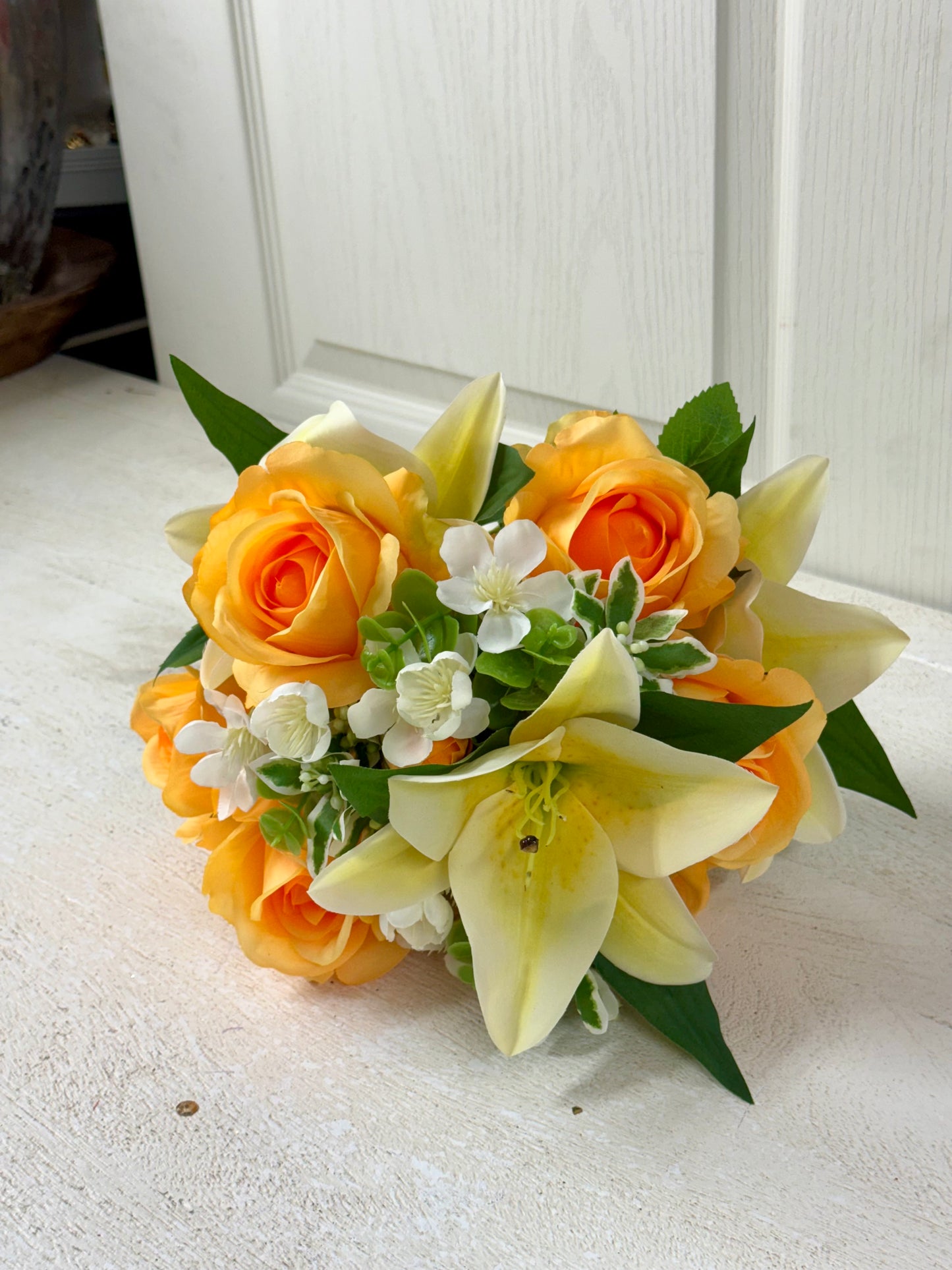21 Inch Orange And Yellow Rose Lily Mix Floral Bush