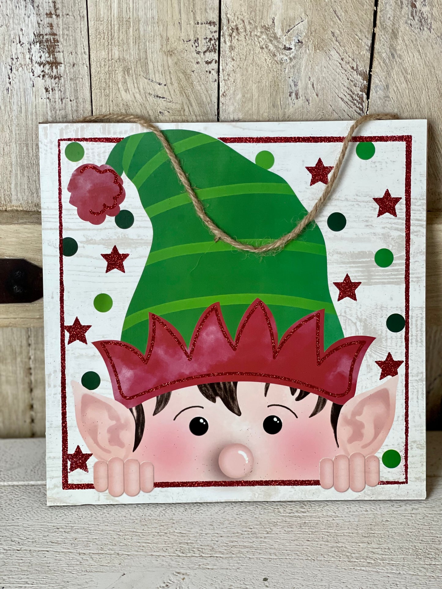 Glitter Peeking Elf Face Wooden Sign