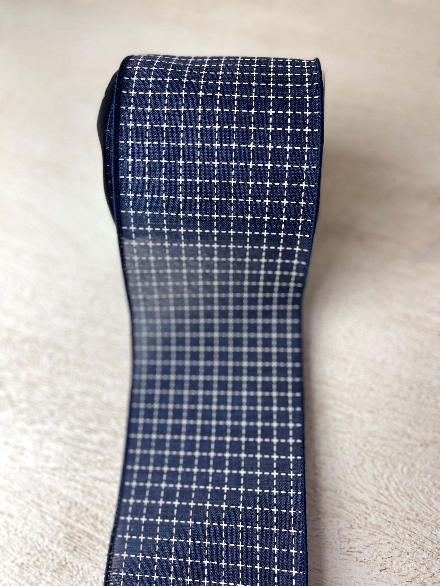 4 Inch By 10 Yard Navy Blue And White Raised Stitched Squares Ribbon