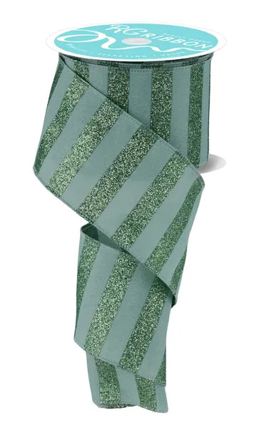 2.5 Inch By 10 Yard Sage Green Horizontal Glitter Stripes Ribbon