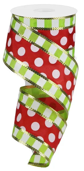 2.5 Inch By 10 Yard Red And White Polka Dots With Lime Stripes Ribbon