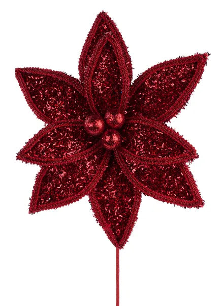 14 Inch Red Glitter And Lace Edge Poinsettia Pick