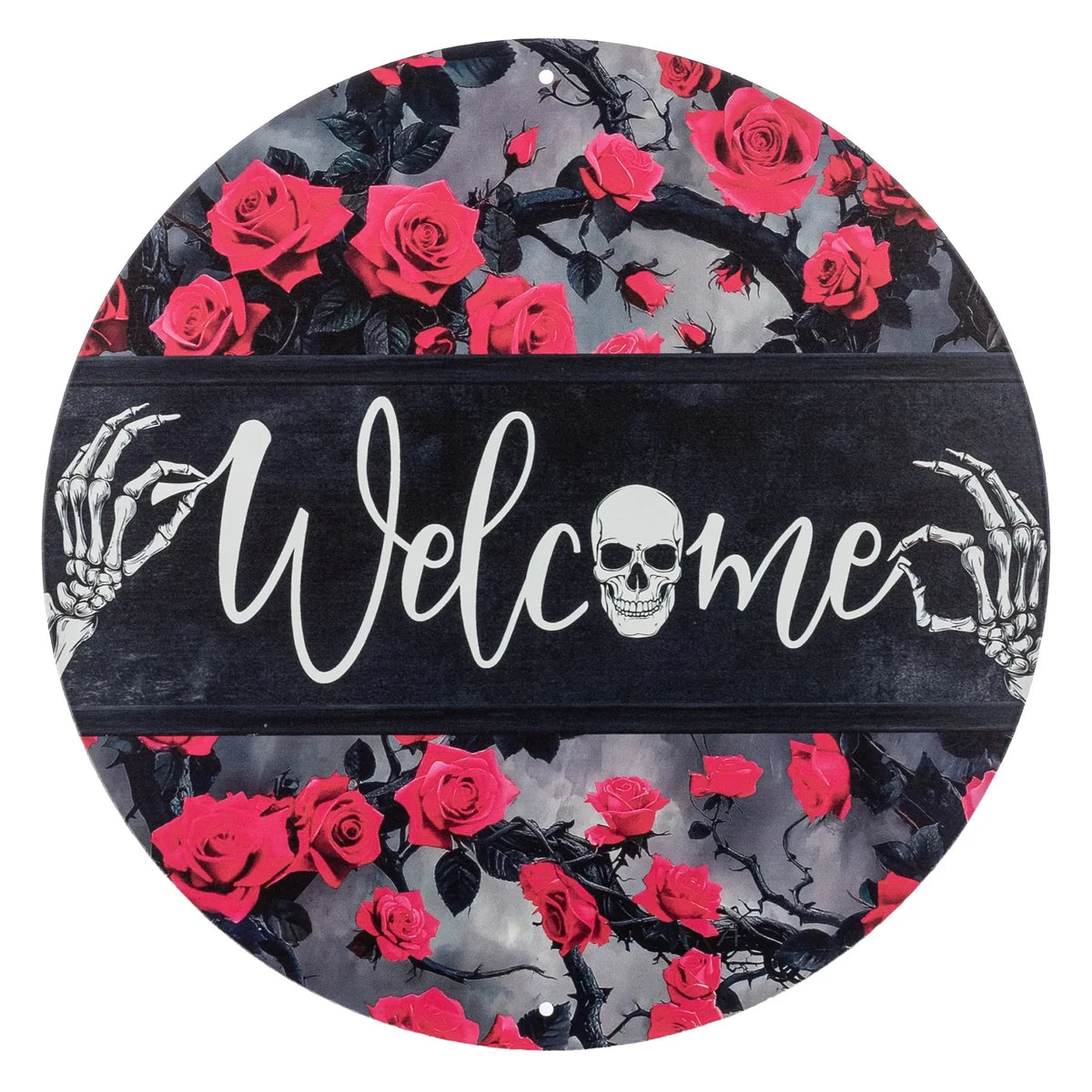 12 Inch Welcome With Pink Roses And Skeleton Metal Sign