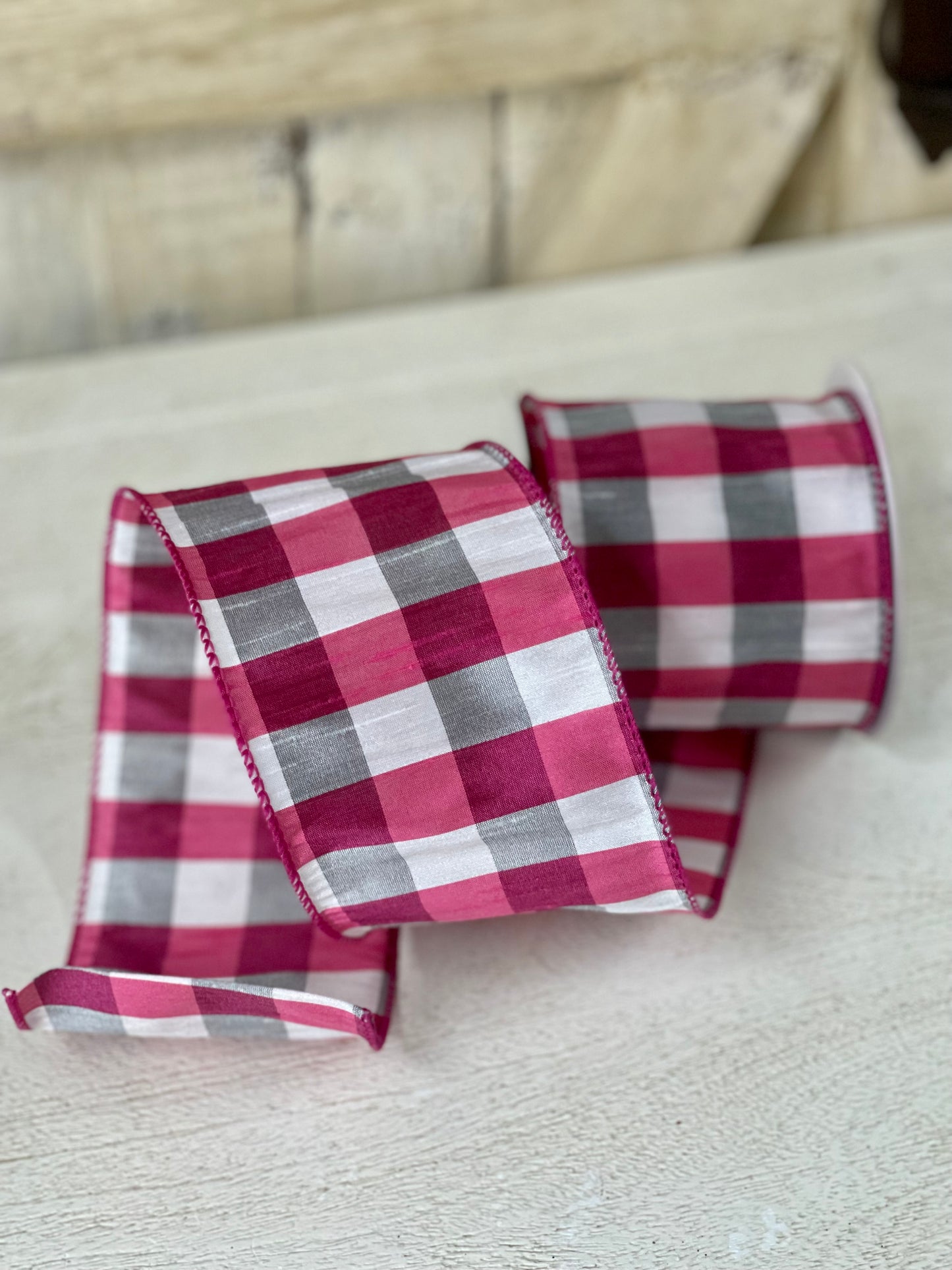 4 Inch By 10 Yard Fuchsia, Gray, And White Check Dupioni Ribbon