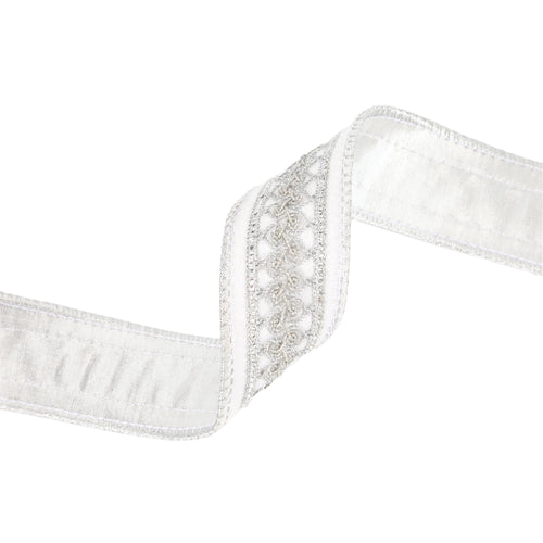 1.5 Inch By 10 Yard White And Silver Velvet Ribbon With Metallic Trim