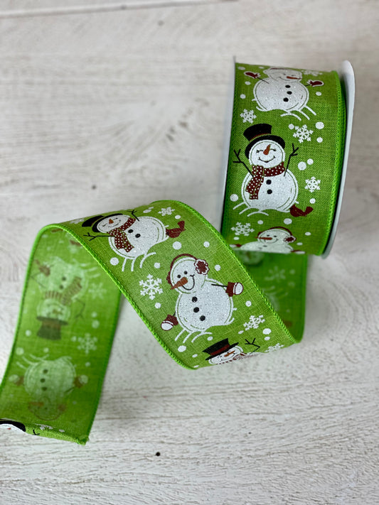 2.5 Inch By 10 Yard Snowman On Green Background Ribbon