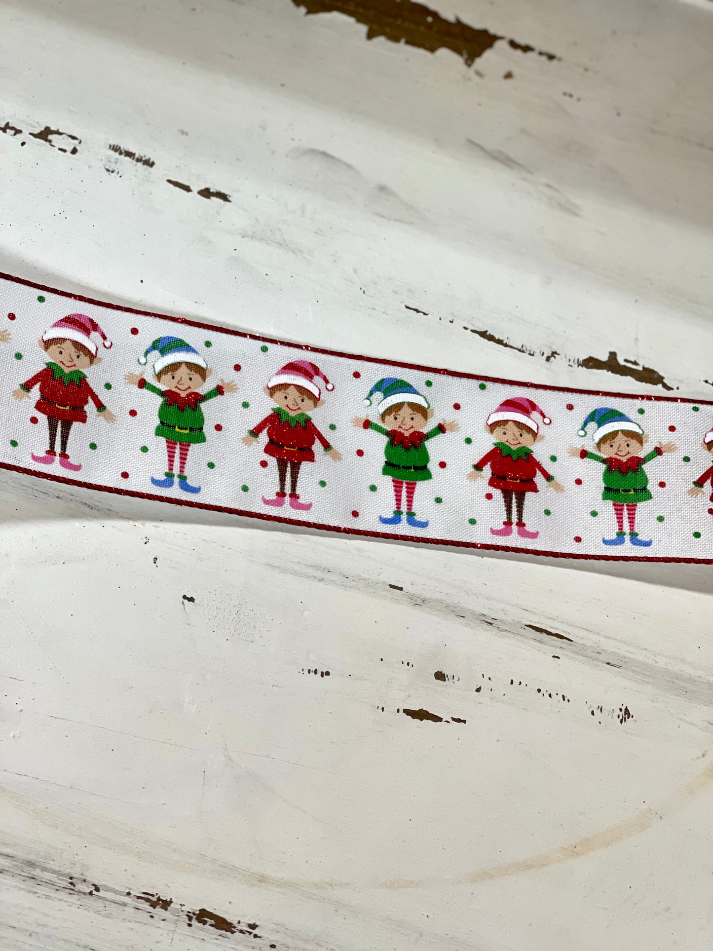 White Linen Pink Blue Green Red Happy Elves Ribbon