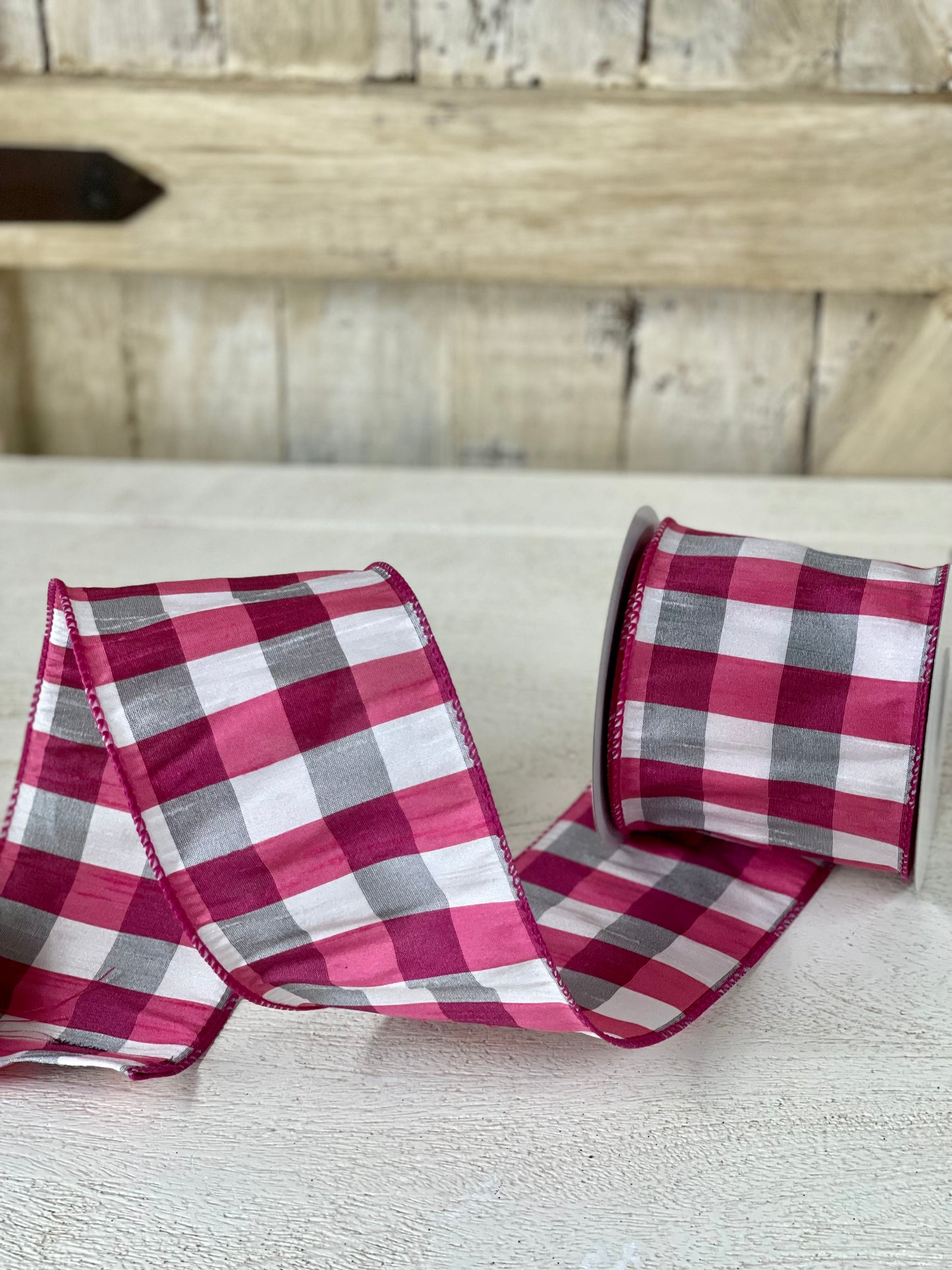 4 Inch By 10 Yard Fuchsia, Gray, And White Check Dupioni Ribbon