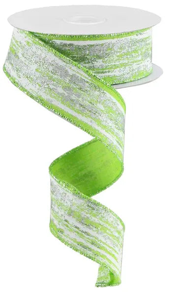 1.5 Inch By 10 Yard Lime And Silver Glitter Metallic Streaks Ribbon