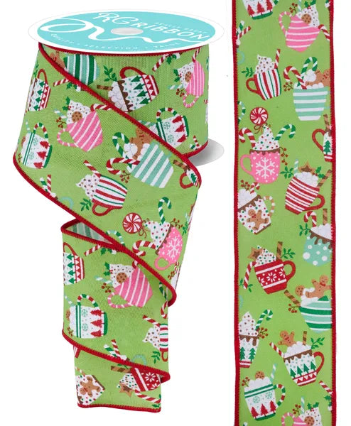 2.5 Inch By 10 Yard Lime Green Christmas Hot Cocoa Mugs Ribbon
