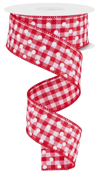 1.5 Inch By 10 Yard Red And White Small Polka Dots On Gingham Check Ribbon
