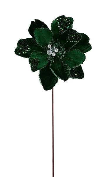 22 Inch Emerald Green Glitter Sequin And Bead Magnolia Spray