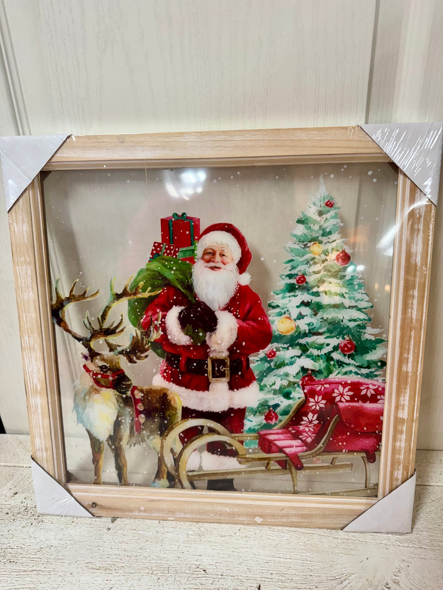 15 Inch By 15 Inch Acrylic Wall Art With Santa With Reindeer And Sleigh