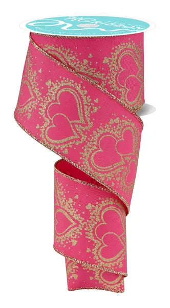 2.5 Inch By 10 Yard Hot Pink And Gold Hearts Ribbon