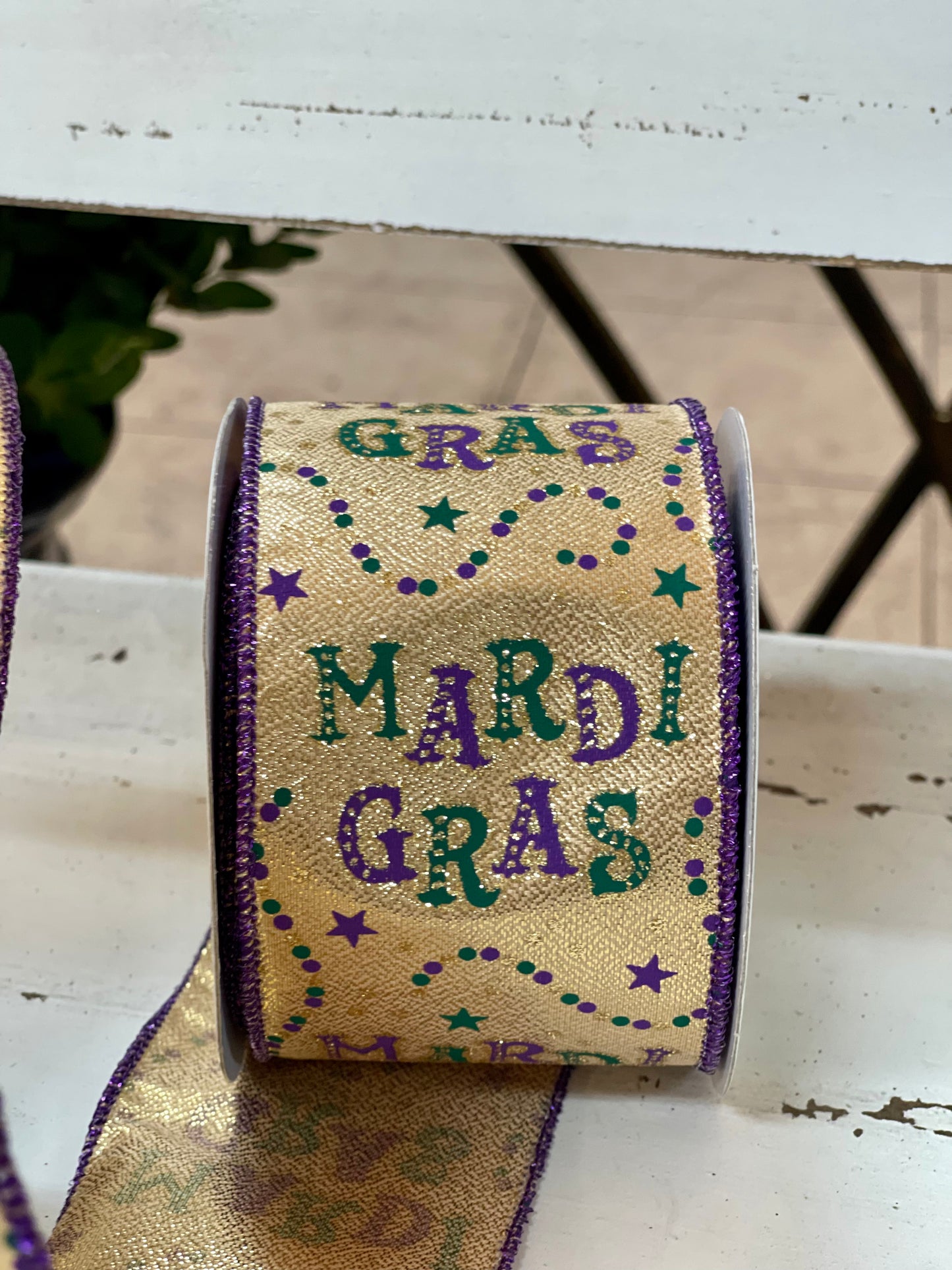 2.5 Inch By 10 Yard Mardi Gras With Beads Ribbon
