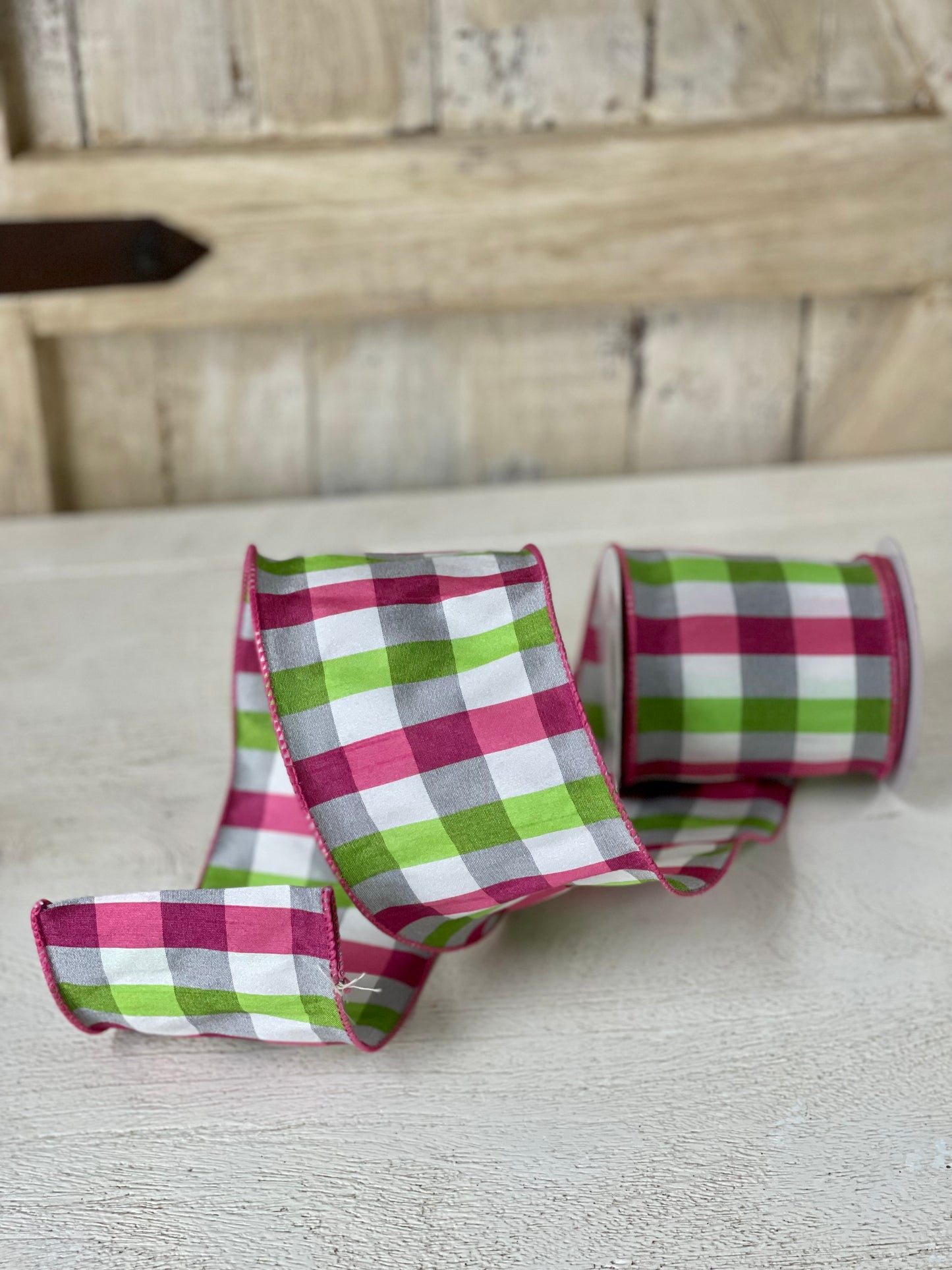 4 Inch By 10 Yard Fuchsia Lime And Gray Check Dupioni Ribbon