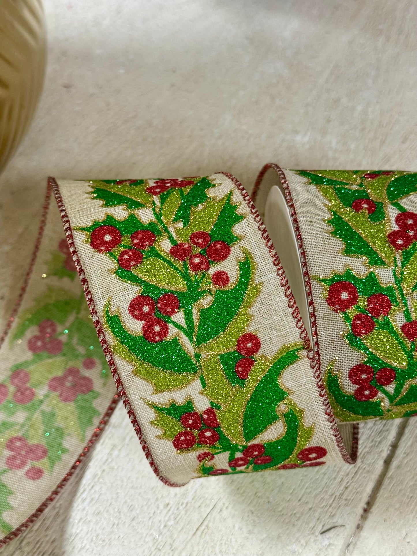 2.5 Inch By 10 Yard Red And Green Holly Berry Glitter Ribbon