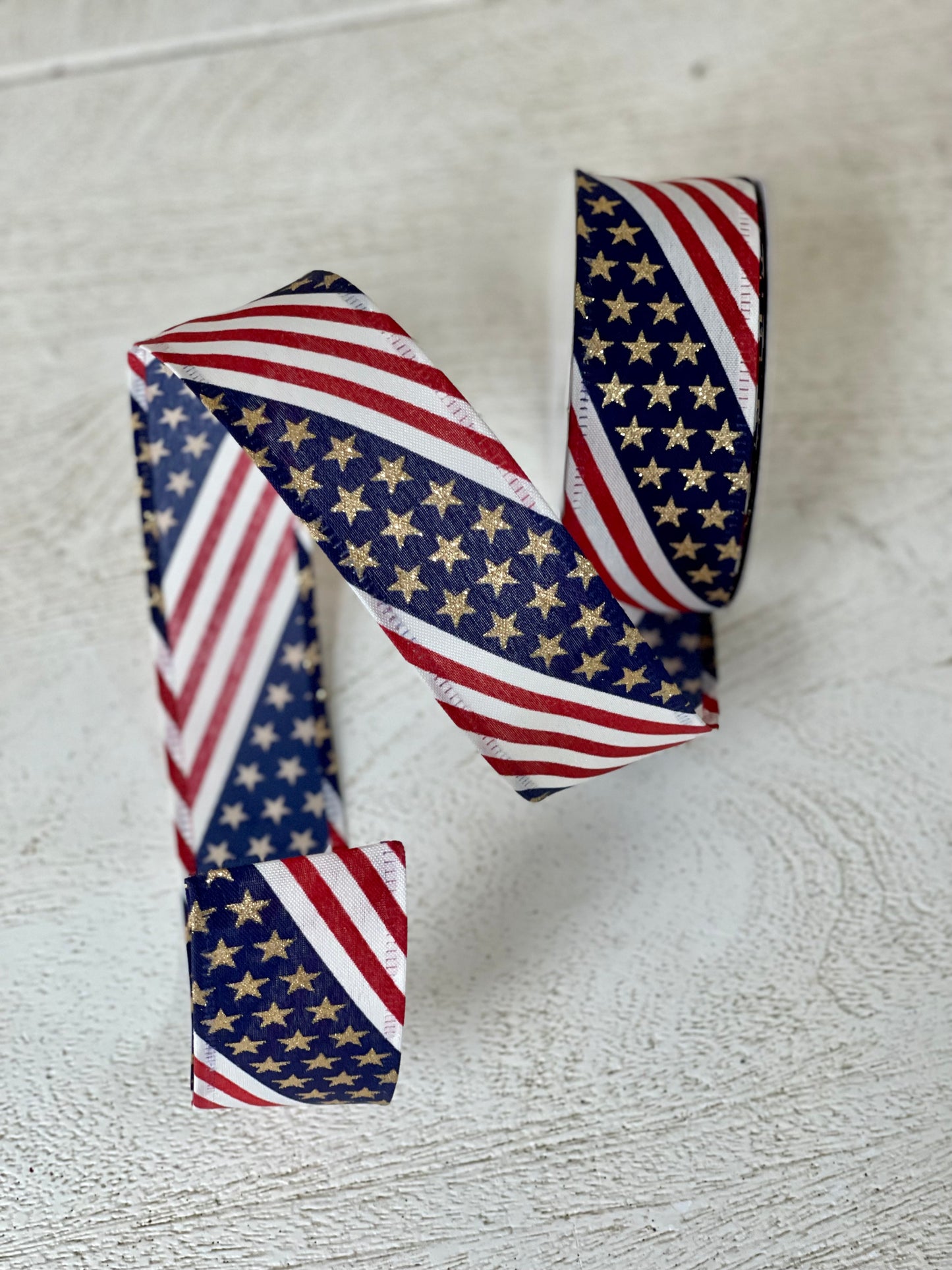 1.5 Inch By 10 Yard American Flag Ribbon With Gold Stars Ribbon