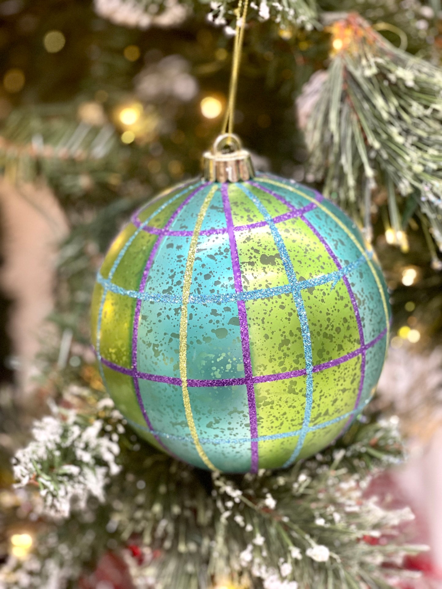 6 Inch Turquoise Lime Purple Plaid Ornament Ball