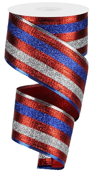 2.5 Inch By 10 Yard Red Blue And Silver Glitter Stripes Ribbon