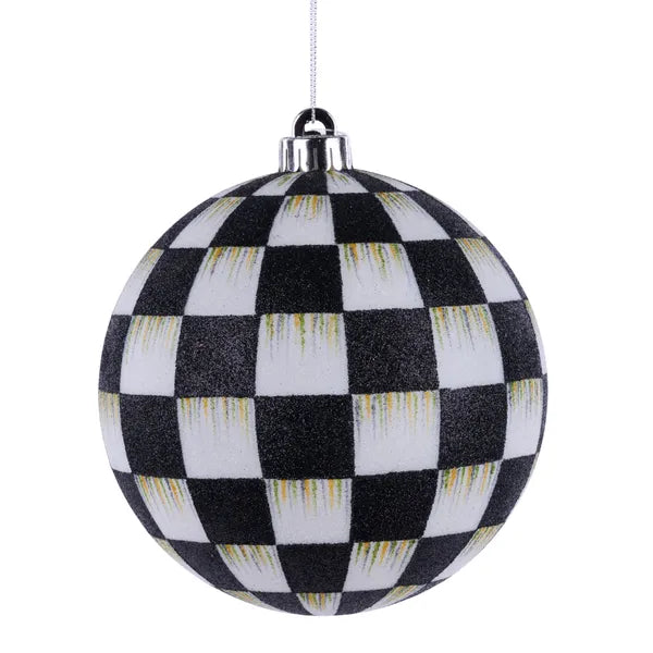 6 Inch Black And White Glitter Check Ornament