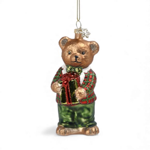 5 Inch Bear Kid With Presents Glass Ornament