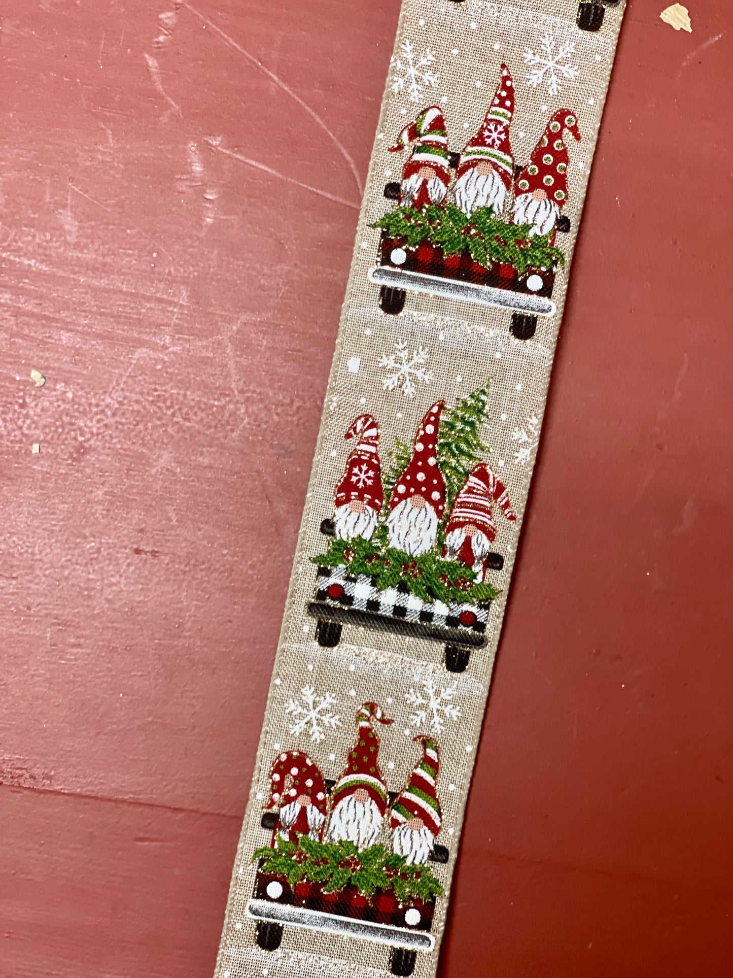 2.5 Inch Plaid Truck With Gnomes And Snowflakes On Natural Ribbon