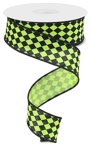 1.5 Inch By 10 Yard Lime Green And Black Small Harlequin On Royal Ribbon