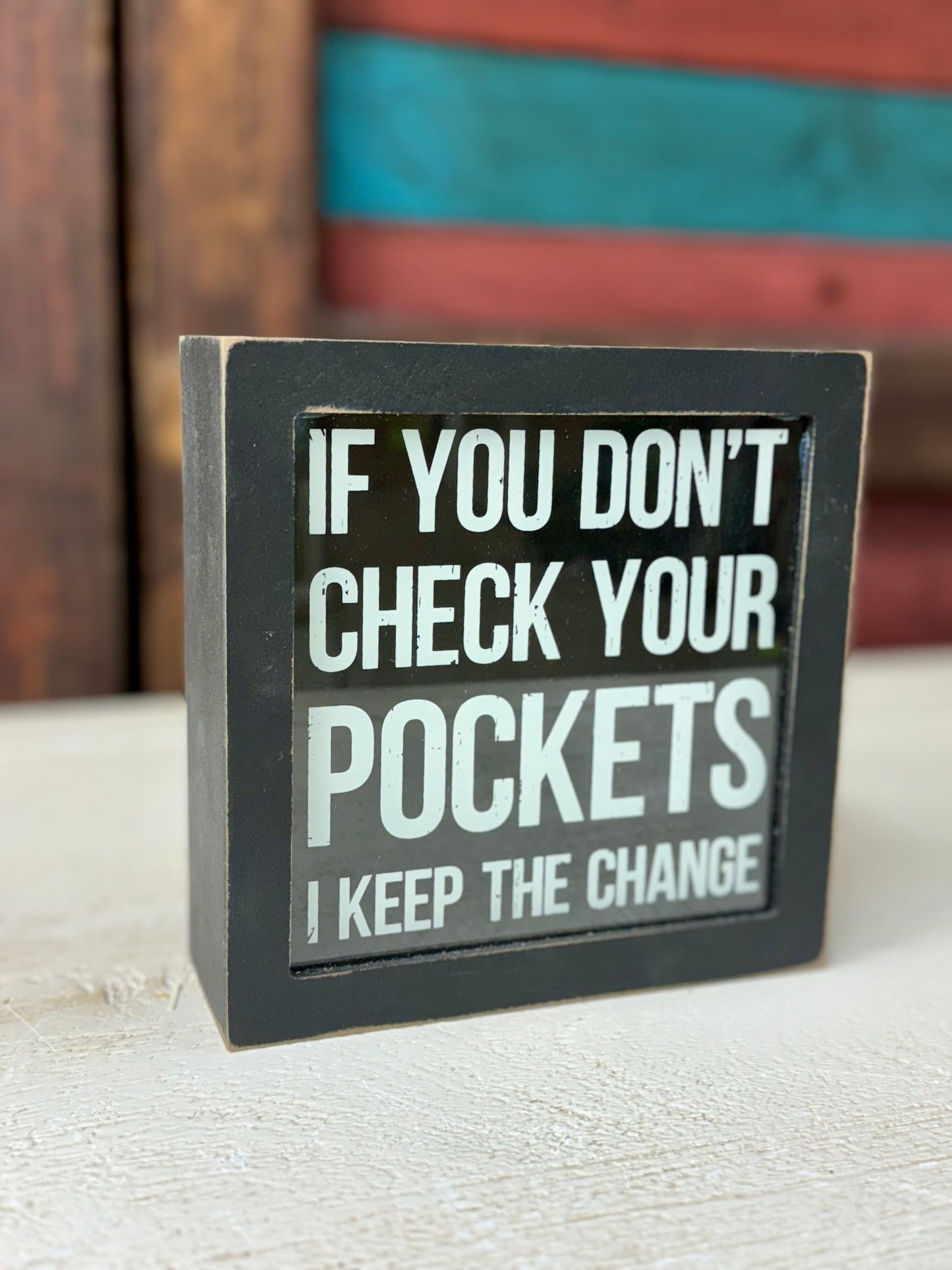 Check Your Pockets Black Cube Decor