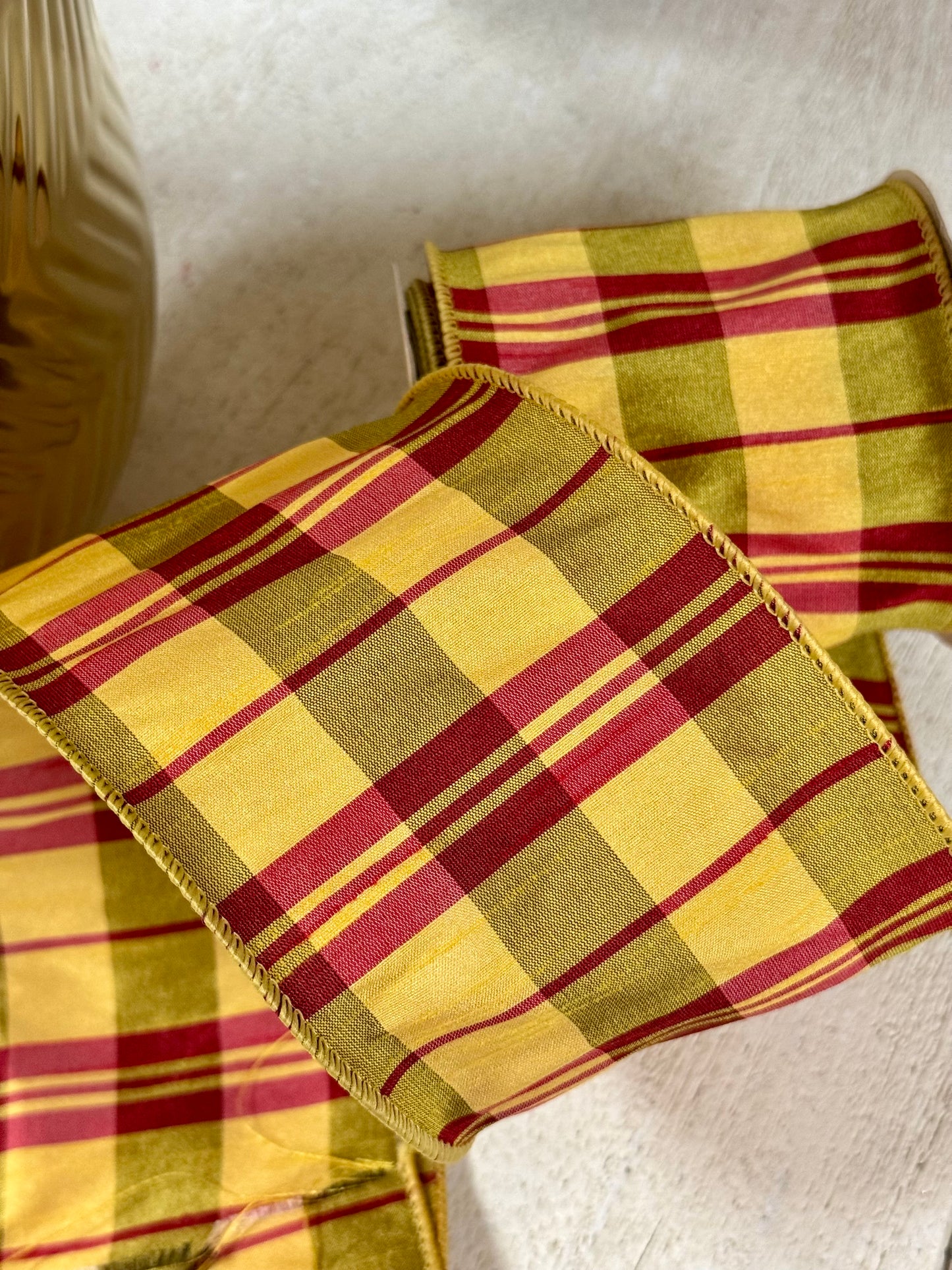 4 Inch By 10 Yard Moss Green Yellow Burgundy Dupioni Plaid Ribbon