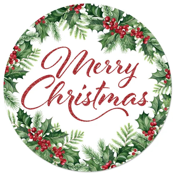 12 Inch Merry Christmas With Holly Metal Sign