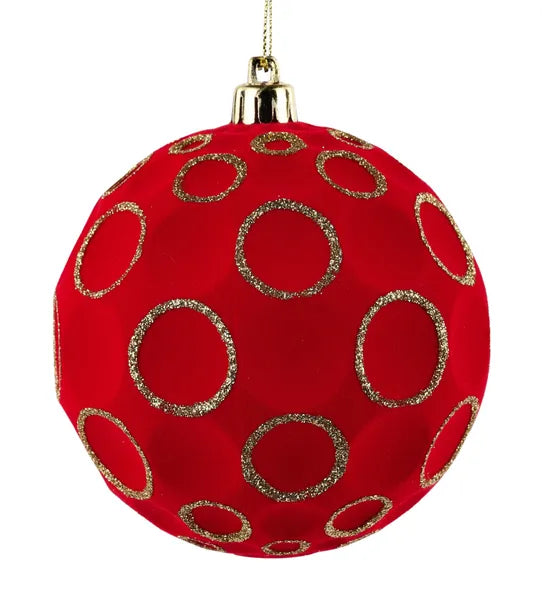 4 Inch Red And Gold Flocked Glitter Concave Ball Ornament