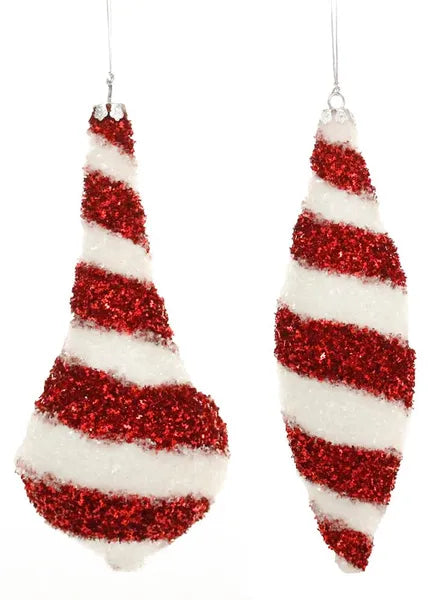 7.75-9 Inch Zigzag Red And White Glitter Ornaments Two Styles