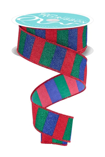 1.5 Inch By 10 Yard Red Emerald And Royal Blue Horizontal Glitter Stripes Ribbon