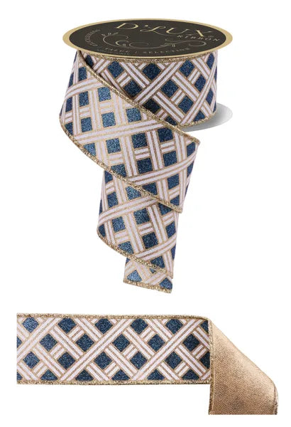 2.5 Inch By 10 Yard Gold White And Smoke Blue Woven Stripes Fused Ribbon