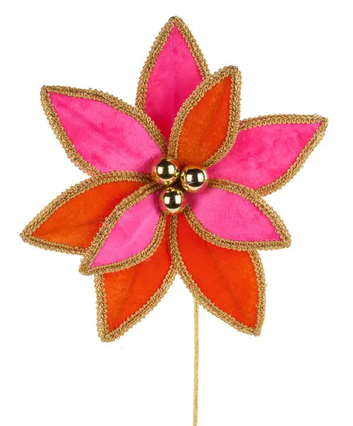 14 Inch Hot Pink Orange And Gold Velvet Poinsettia Pick With Lace Edge
