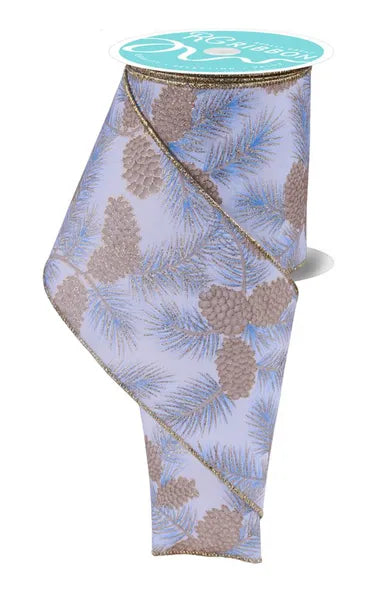 4 Inch By 10 Yard Blue And Champagne Pinecone Branches Ribbon