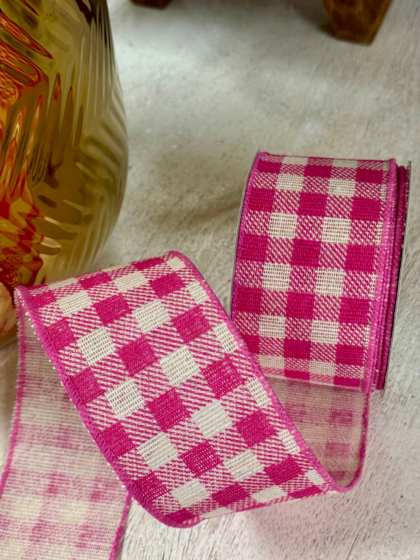 2.5 Inch By 10 Yard Hot Pink And White Gingham Twill Ribbon
