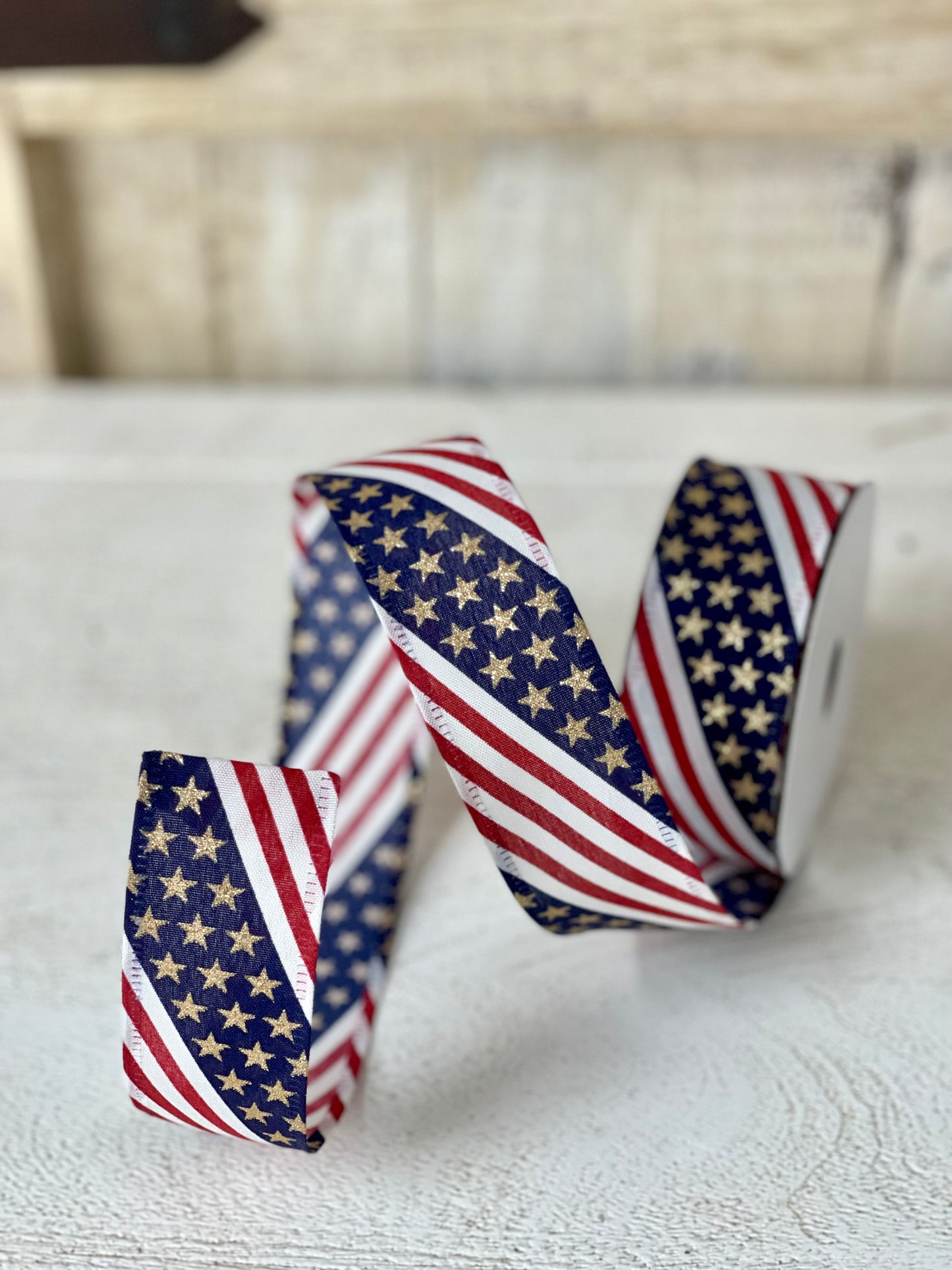 1.5 Inch By 10 Yard American Flag Ribbon With Gold Stars Ribbon