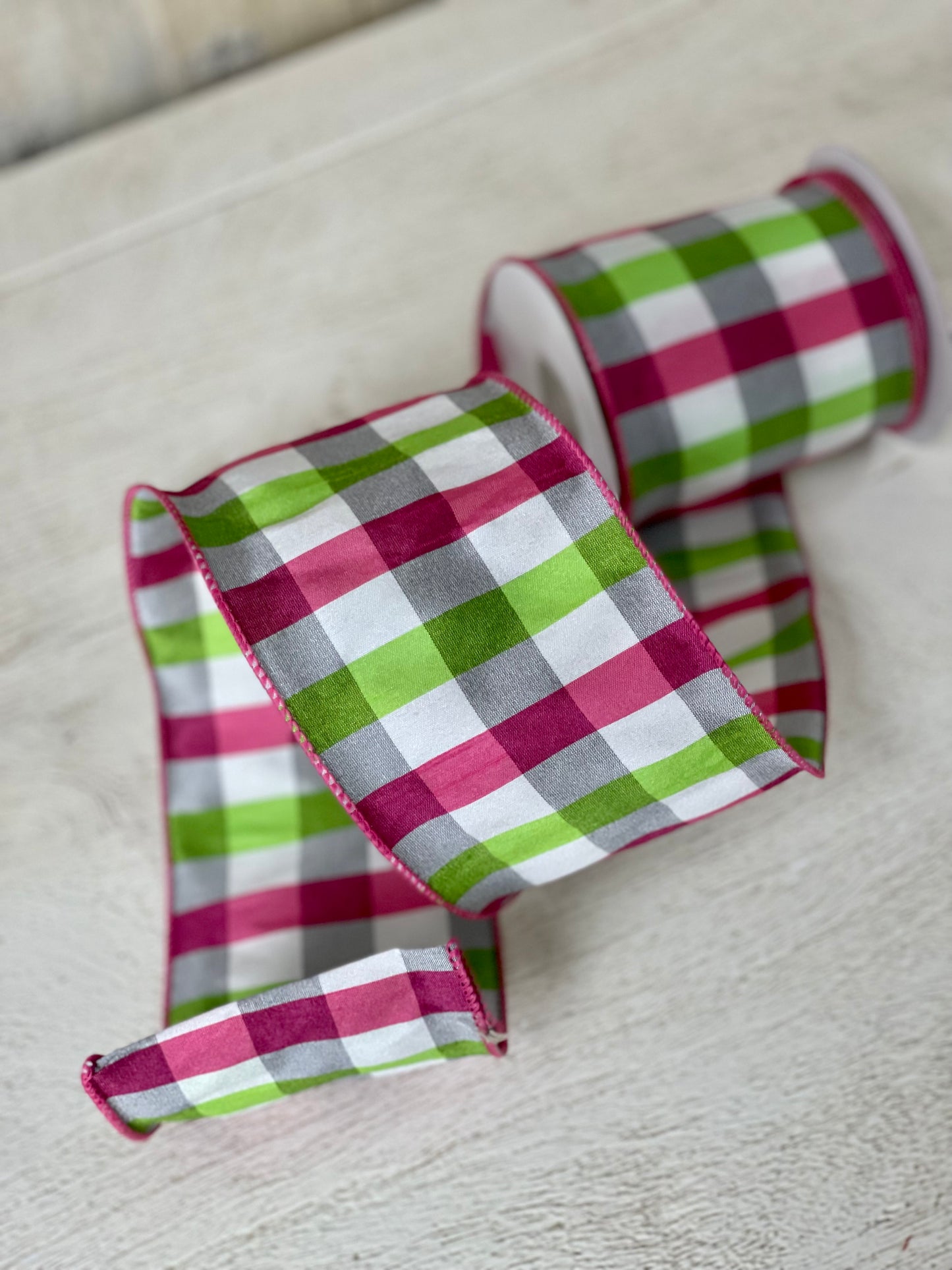 4 Inch By 10 Yard Fuchsia Lime And Gray Check Dupioni Ribbon