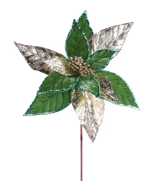 12 Inch Sage Green And Champagne Metallic Velvet Poinsettia Spray