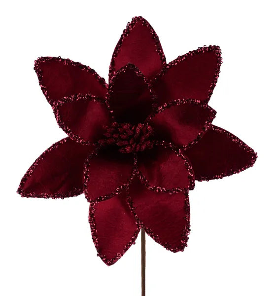 20 Inch Burgundy Satin And Glitter Poinsettia