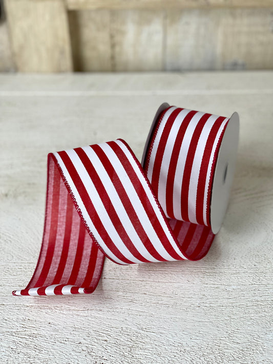 2.5 Inch By 10 Yard Red And White Cabana Striped Ribbon