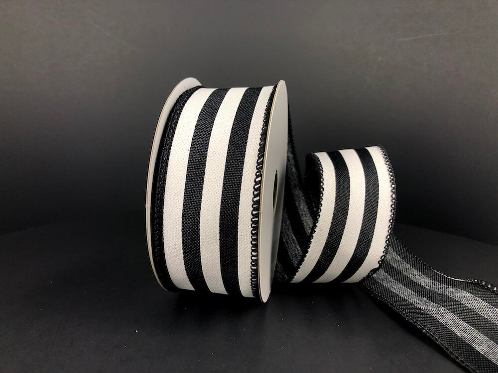 1.5 Inch By 10 Yard Black And White Cabana Striped Ribbon