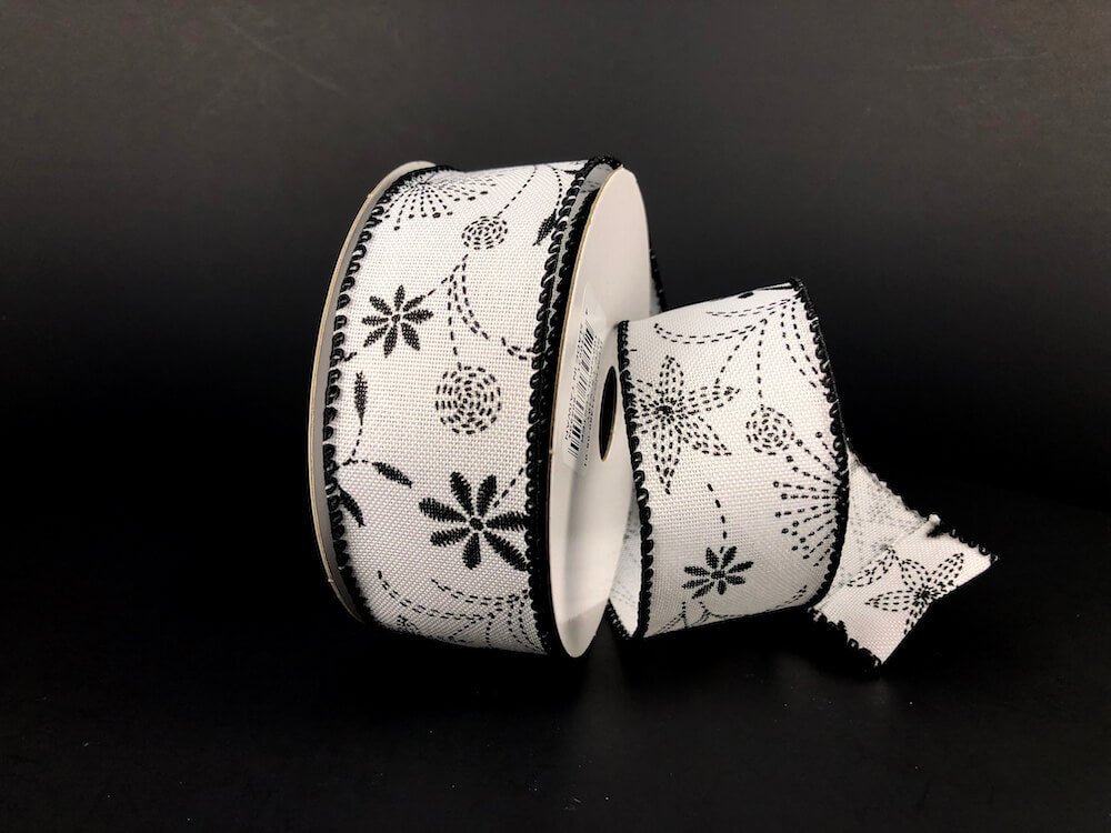 1.5 Inch By 10 Yard Black Doodle Flowers Print Ribbon