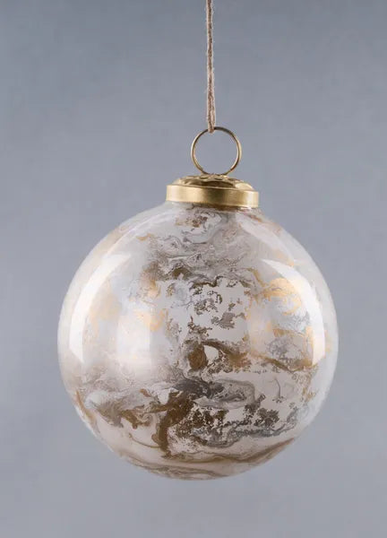 4 Inch White Gold And Silver Marble Glass Ball Ornament